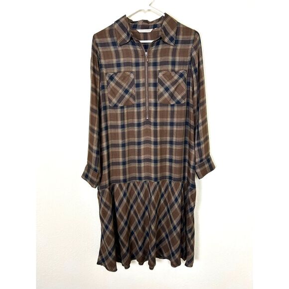 Soft Surroundings Dress Women's‎ XS Dorset Drop Waist Flannel Midi Brown Plaid - Picture 1 of 12